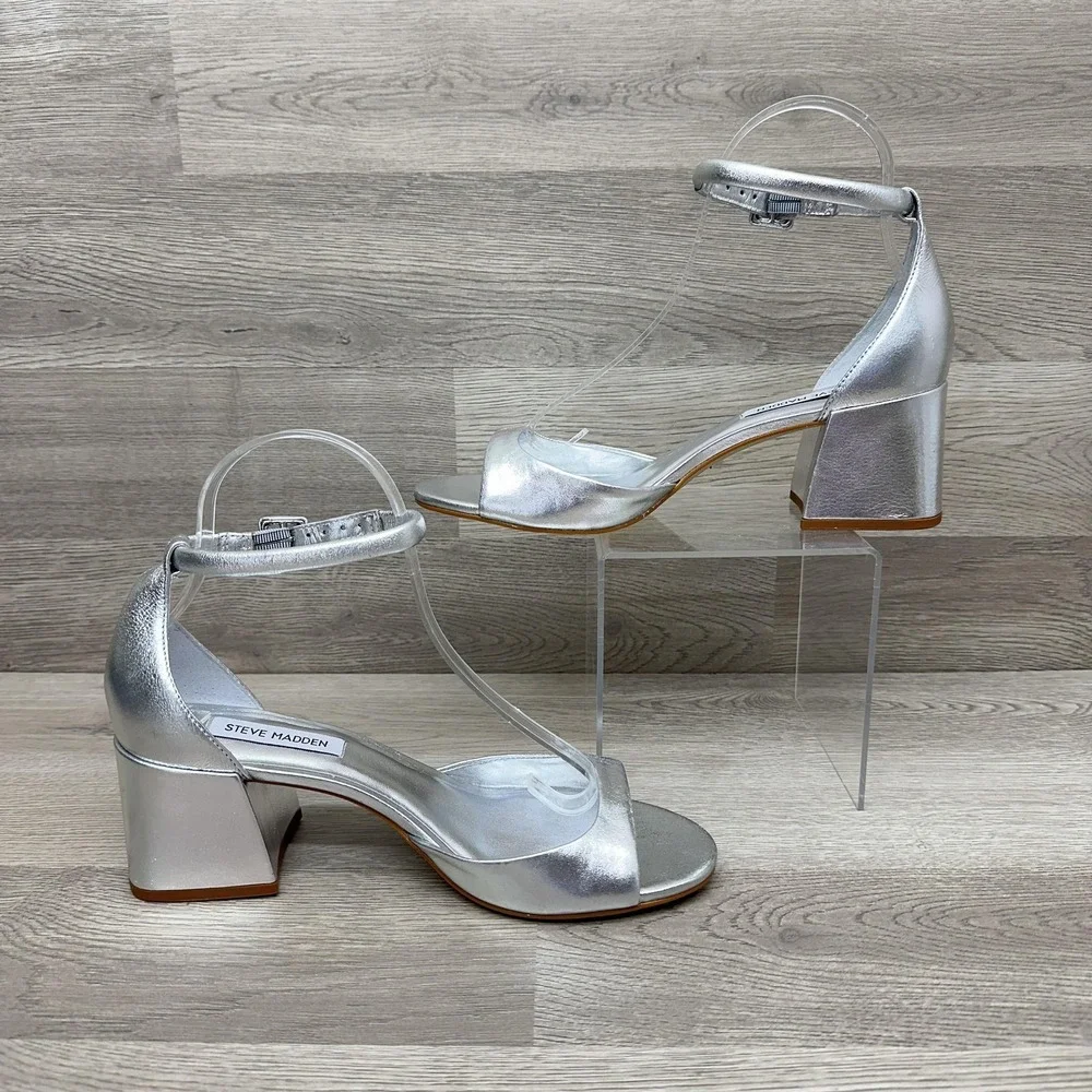Steve Madden Sandal Shoes Womens Size 8.5M Silver Ella Ankle Strap Block Heel